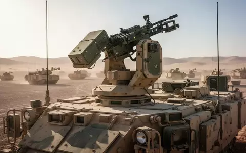 Eine ferngesteuerte Waffenstation R400 montiert auf einem Militärfahrzeug in einer Wüstenumgebung. - Foto: über boerse-global.de