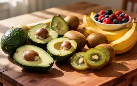 Frische Avocados, Bananen, Kiwis und Beeren auf einem Holztisch als Symbol für eine kaliumreiche Ernährung. - Foto: über boerse-global.de