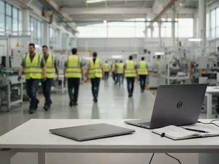 Ein moderner, heller Arbeitsplatz mit Blick in eine Fertigungshalle im Hintergrund. - Foto: über boerse-global.de