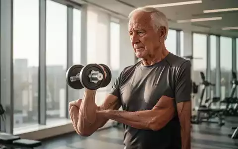 Ein fitter Senior trainiert in einem hellen, modernen Fitnessstudio mit einer Hantel seine Armmuskulatur. - Foto: über boerse-global.de