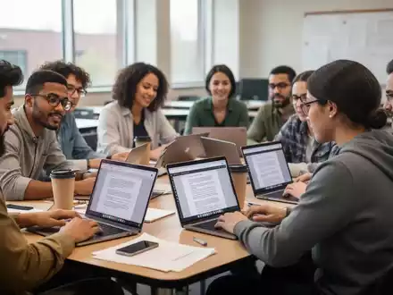 Erwachsene Lernende in einem Community College arbeiten konzentriert an Laptops während eines KI-Bildungsworkshops. - Foto: über boerse-global.de