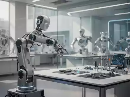 Ein hochmoderner Roboterarm in einem hellen, professionellen Forschungslabor für Künstliche Intelligenz. - Foto: über boerse-global.de