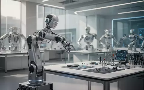 Ein hochmoderner Roboterarm in einem hellen, professionellen Forschungslabor für Künstliche Intelligenz. - Foto: über boerse-global.de