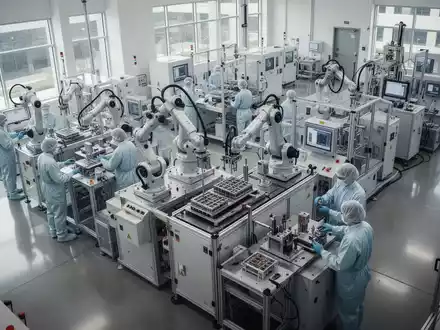 Moderne Fertigungsanlage für Computerkomponenten mit Robotik-Armen und Fachpersonal in einem hellen, industriellen Umfeld. - Foto: über boerse-global.de