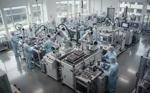 Moderne Fertigungsanlage für Computerkomponenten mit Robotik-Armen und Fachpersonal in einem hellen, industriellen Umfeld. - Foto: über boerse-global.de