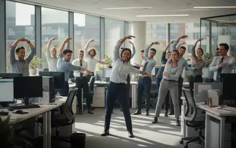 Büroangestellte einer Universität machen gemeinsam eine kurze Bewegungspause an ihren Arbeitsplätzen. - Foto: über boerse-global.de