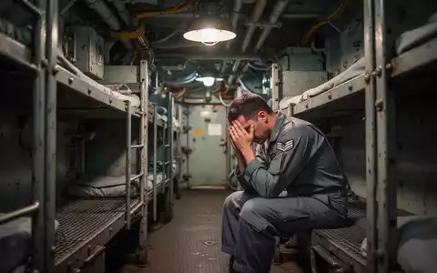 Ein erschöpfter Soldat sitzt in einem engen, metallischen Korridor auf einem Flugzeugträger. - Foto: über boerse-global.de