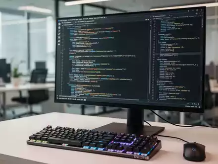 Ein moderner Arbeitsplatz mit einem Monitor, der komplexen Programmcode anzeigt, in einer professionellen Büroumgebung. - Foto: über boerse-global.de
