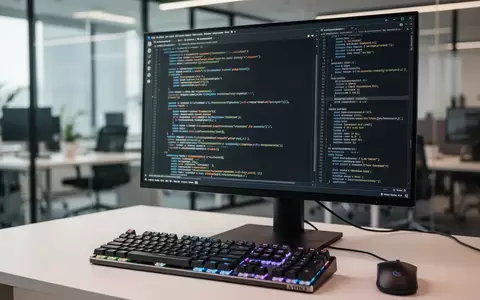 Ein moderner Arbeitsplatz mit einem Monitor, der komplexen Programmcode anzeigt, in einer professionellen Büroumgebung. - Foto: über boerse-global.de