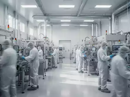Moderne Reinraum-Fertigungsanlage für Halbleitertechnologie mit Technikern in Schutzanzügen. - Foto: über boerse-global.de