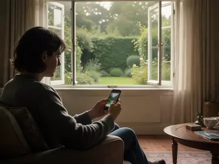 Eine Person blickt nachdenklich von einem Smartphone weg aus einem offenen Fenster in einen sonnigen Garten. - Foto: über boerse-global.de