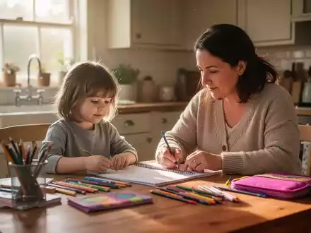 Ein Elternteil und ein Kind sitzen entspannt an einem Küchentisch und bereiten gemeinsam Schulsachen vor. - Foto: über boerse-global.de
