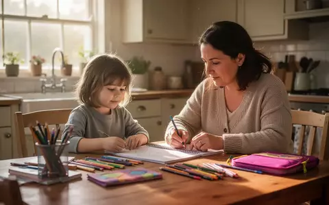 Ein Elternteil und ein Kind sitzen entspannt an einem Küchentisch und bereiten gemeinsam Schulsachen vor. - Foto: über boerse-global.de