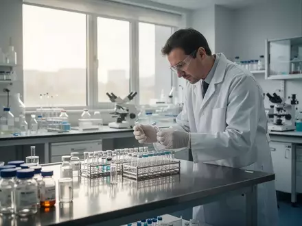 Eine Wissenschaftlerin in einem modernen Labor untersucht Medikamentenfläschchen an einem Edelstahltisch. - Foto: über boerse-global.de