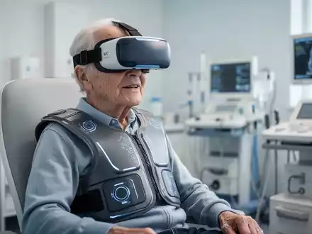 Eine ältere Person mit VR-Brille und haptischer Weste in einem klinischen Forschungsraum zur Musikwahrnehmung. - Foto: über boerse-global.de