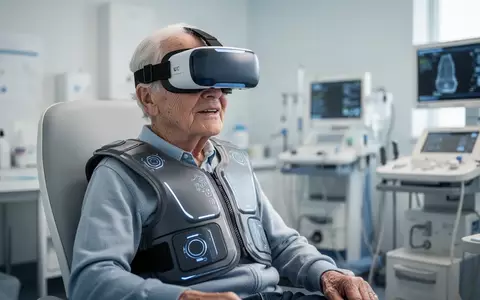Eine ältere Person mit VR-Brille und haptischer Weste in einem klinischen Forschungsraum zur Musikwahrnehmung. - Foto: über boerse-global.de