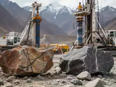 Geologische Gesteinsproben und Bohrausrüstung auf einer Bergbaustelle in den Anden. - Foto: über boerse-global.de