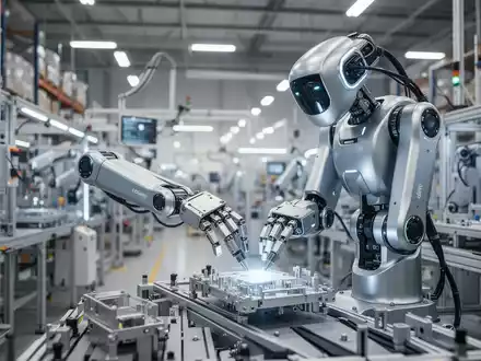 Ein humanoider Industrieroboter arbeitet in einer modernen, automatisierten Fabrikhalle bei der Montage von Komponenten. - Foto: über boerse-global.de