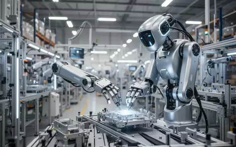 Ein humanoider Industrieroboter arbeitet in einer modernen, automatisierten Fabrikhalle bei der Montage von Komponenten. - Foto: über boerse-global.de