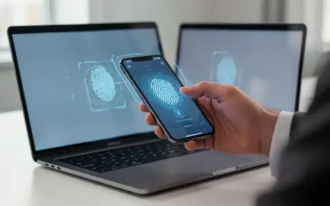 Eine Person nutzt ein Smartphone zur biometrischen Authentifizierung an einem Laptop in einer modernen Büroumgebung. - Foto: über boerse-global.de