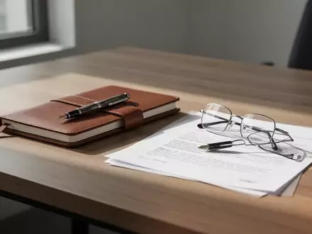Ein minimalistischer Büroarbeitsplatz mit einem Notizbuch, einem Füllfederhalter und einer Brille auf einem Schreibtisch. - Foto: über boerse-global.de