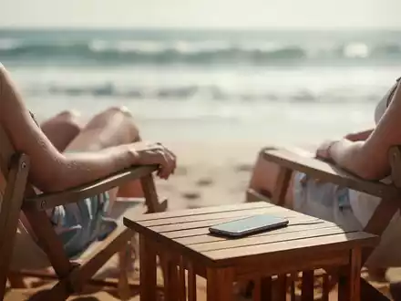 Ein Smartphone liegt mit dem Display nach unten auf einem Holztisch an einem sonnigen Strand, während der Besitzer entspannt. - Foto: über boerse-global.de