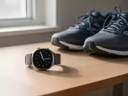 Eine hochwertige Smartwatch liegt neben Sportschuhen auf einem minimalistischen Holztisch bei natürlichem Licht. - Foto: über boerse-global.de