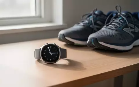 Eine hochwertige Smartwatch liegt neben Sportschuhen auf einem minimalistischen Holztisch bei natürlichem Licht. - Foto: über boerse-global.de