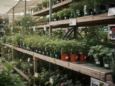 Pflanzen in einem Baumarktregal in einer realistischen, natürlichen Gartenumgebung. - Foto: über boerse-global.de