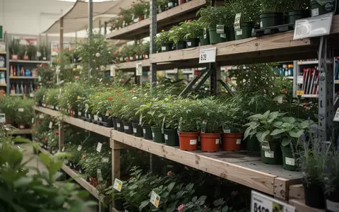 Pflanzen in einem Baumarktregal in einer realistischen, natürlichen Gartenumgebung. - Foto: über boerse-global.de