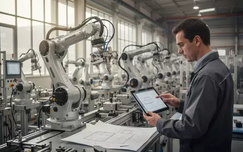 Ein Ingenieur überprüft technische Pläne in einer modernen Fertigungshalle mit Industrierobotern. - Foto: über boerse-global.de