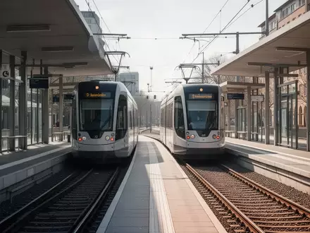 Eine moderne Saarbahn fährt in einen sonnigen Bahnhof ein, während der reguläre Zugbetrieb planmäßig stattfindet. - Foto: über boerse-global.de