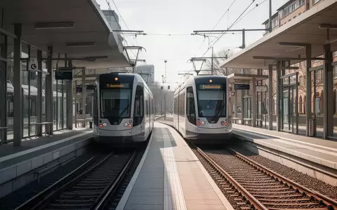 Eine moderne Saarbahn fährt in einen sonnigen Bahnhof ein, während der reguläre Zugbetrieb planmäßig stattfindet. - Foto: über boerse-global.de