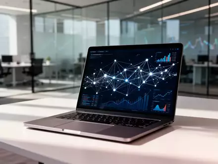 Moderner Arbeitsplatz mit Laptop, auf dem abstrakte Finanzdatenvisualisierungen für KI-gestützte Zahlungen dargestellt sind. - Foto: über boerse-global.de