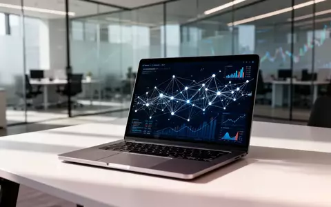 Moderner Arbeitsplatz mit Laptop, auf dem abstrakte Finanzdatenvisualisierungen für KI-gestützte Zahlungen dargestellt sind. - Foto: über boerse-global.de