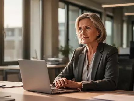 Eine nachdenkliche Frau an einem modernen Schreibtisch in einem hellen Büro, das eine professionelle Arbeitsatmosphäre vermittelt. - Foto: über boerse-global.de