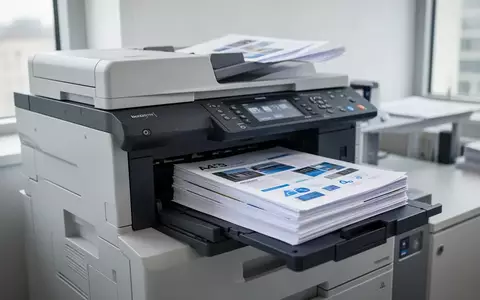 Ein moderner Bürodrucker mit frisch ausgedruckten Dokumenten in verschiedenen Papierformaten auf einem Schreibtisch. - Foto: über boerse-global.de