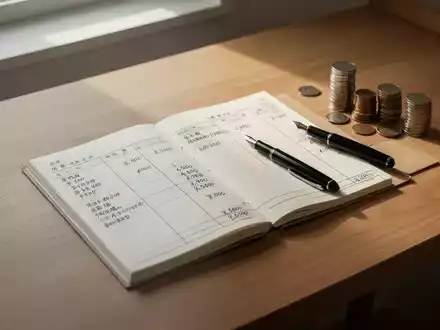 Ein offenes Haushaltsbuch aus Papier mit handgeschriebenen Finanznotizen und einem Stift auf einem schlichten Holztisch. - Foto: über boerse-global.de