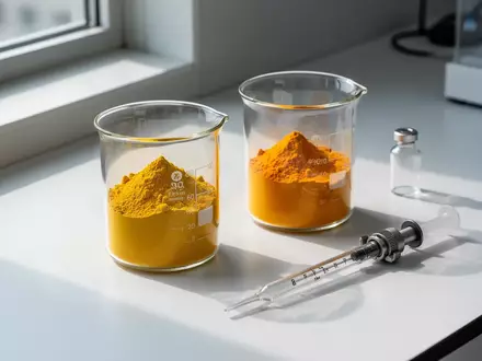 Nahaufnahme von Curcumin- und Berberinpulver in Glasbechern auf einem Labortisch zur wissenschaftlichen Untersuchung. - Foto: über boerse-global.de