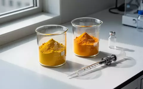 Nahaufnahme von Curcumin- und Berberinpulver in Glasbechern auf einem Labortisch zur wissenschaftlichen Untersuchung. - Foto: über boerse-global.de