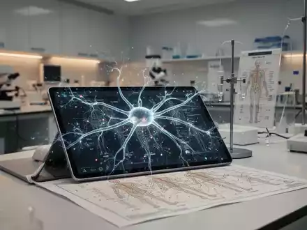 Ein modernes medizinisches Labor, in dem ein Tablet digitale Visualisierungen von TCM-Meridianen und KI-Algorithmen zeigt. - Foto: über boerse-global.de