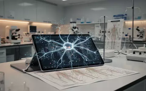Ein modernes medizinisches Labor, in dem ein Tablet digitale Visualisierungen von TCM-Meridianen und KI-Algorithmen zeigt. - Foto: über boerse-global.de