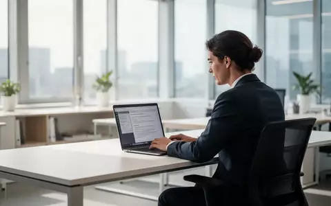 Eine Person arbeitet in einem modernen, hellen Büro an einem Laptop, Fokus auf die menschliche Arbeitsumgebung. - Foto: über boerse-global.de