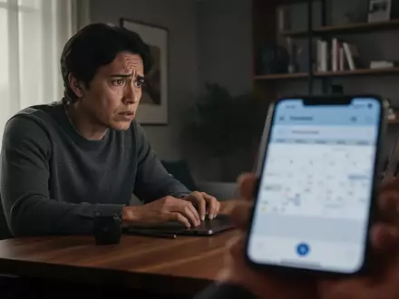 Eine besorgte Person schaut in einem modernen Home-Office auf ihr Smartphone, das einen Kalendereintrag anzeigt. - Foto: über boerse-global.de