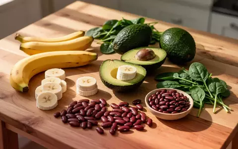 Frische, kaliumreiche Lebensmittel wie Bananen, Avocados und Bohnen auf einem hölzernen Küchentisch bei natürlichem Licht. - Foto: über boerse-global.de