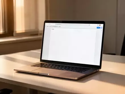 Ein moderner Schreibtisch mit einem Laptop, auf dem eine minimalistische Textverarbeitungsoberfläche zu sehen ist. - Foto: über boerse-global.de