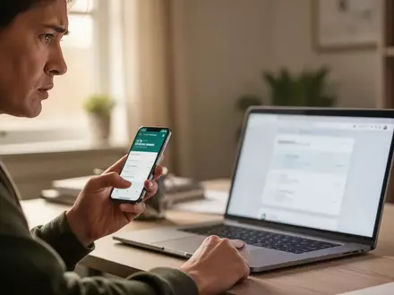 Eine besorgte Person hält ein Smartphone in einem modernen Büro und blickt auf einen Laptop-Bildschirm. - Foto: über boerse-global.de