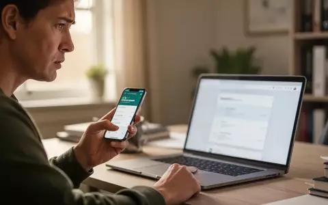 Eine besorgte Person hält ein Smartphone in einem modernen Büro und blickt auf einen Laptop-Bildschirm. - Foto: über boerse-global.de