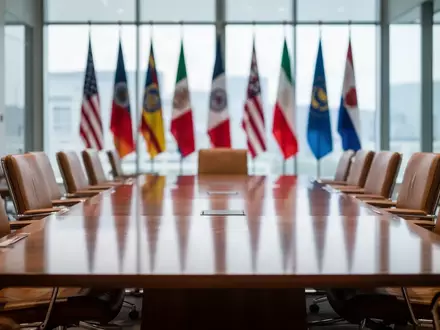 Ein Konferenzraum mit leeren Stühlen an einem großen Holztisch, im Hintergrund unscharfe Flaggen verschiedener Nationen. - Foto: über boerse-global.de