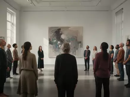 Eine Gruppe von Menschen praktiziert Achtsamkeitsmeditation in einem hellen, minimalistischen Kunstmuseum vor einem Gemälde. - Foto: über boerse-global.de
